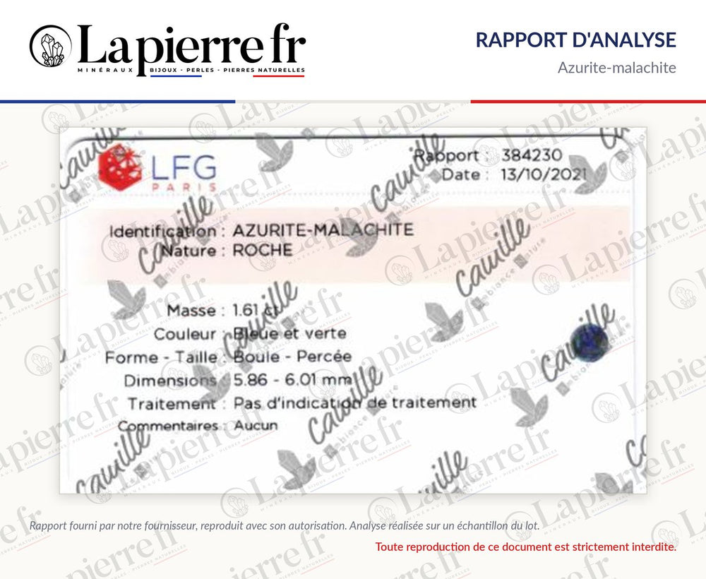 Rapport d'analyse des perles en azurite-malachite, lot d'octobre 2021, La Pierre FR