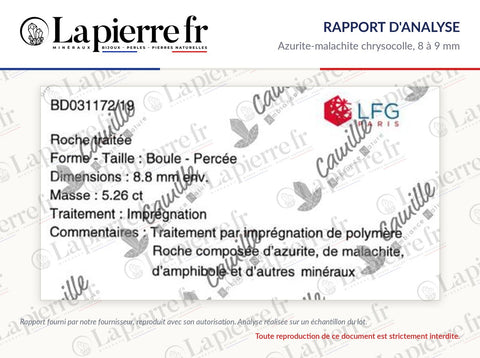 Rapport d'analyse des perles en azurite-malachite chrysocolle 8 à 9 mm, La Pierre FR
