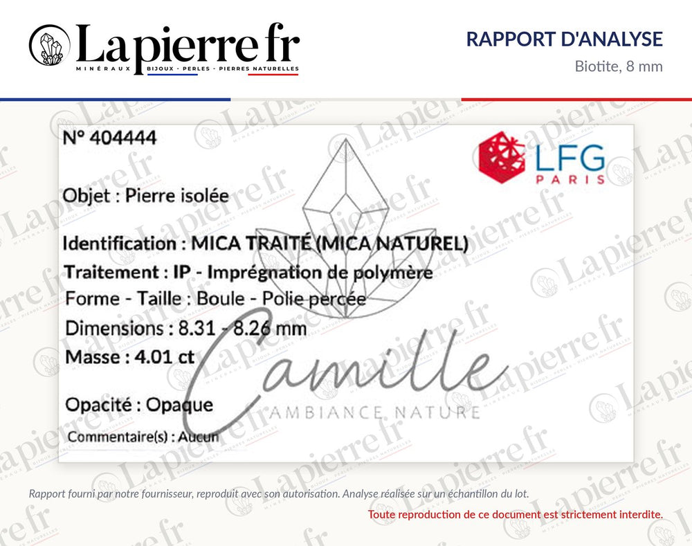 Rapport d'analyse des perles en biotite 8 mm, La Pierre FR