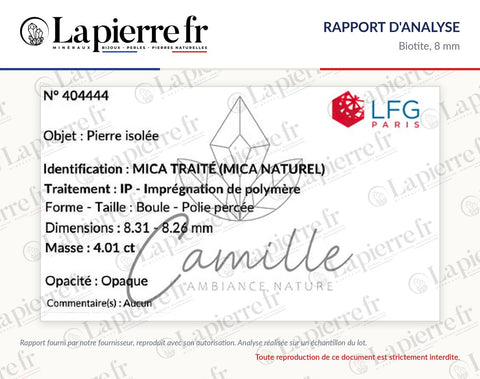 Rapport d'analyse des perles en biotite 8 mm, La Pierre FR