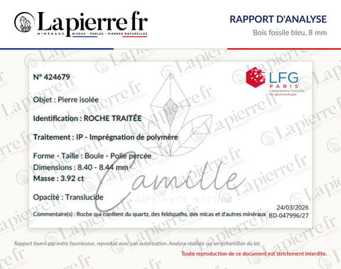 Rapport d'analyse des perles en bois fossile bleu 8 mm, La Pierre FR