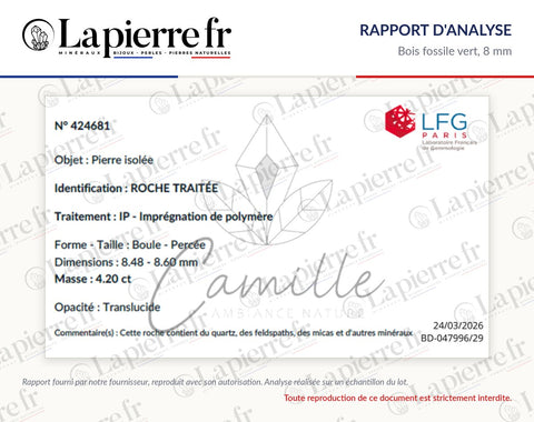 Rapport d'analyse des perles en bois fossile vert 8 mm, La Pierre FR