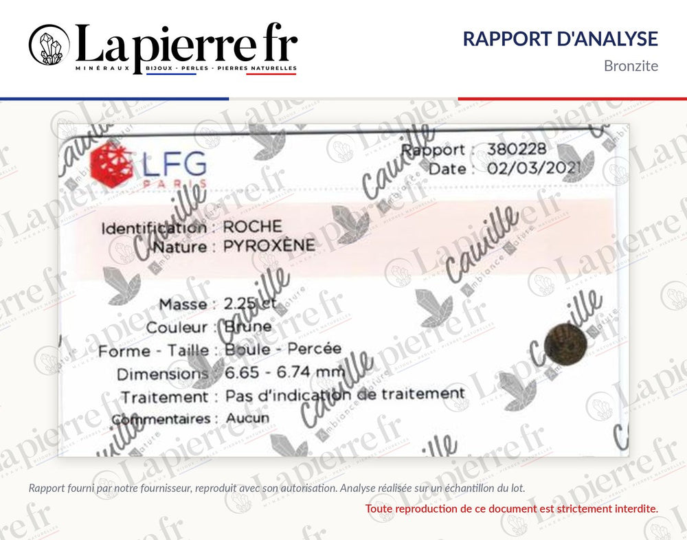 Rapport d'analyse des perles en bronzite, La Pierre FR
