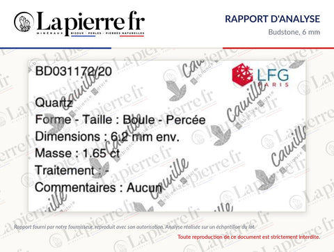 Rapport d'analyse des perles en budstone 6 mm, La Pierre FR