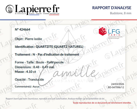 Rapport d'analyse des perles en budstone 8 mm, La Pierre FR