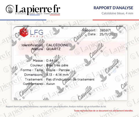 Rapport d'analyse des perles en calcédoine bleue 4 mm, La Pierre FR
