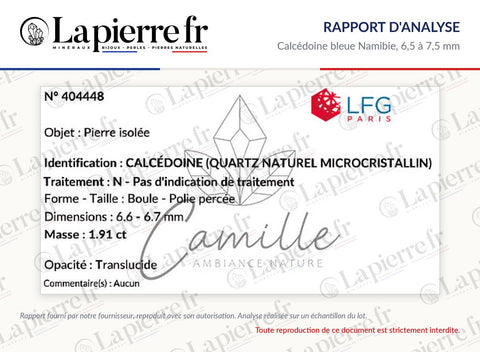 Rapport d'analyse des perles en calcédoine bleue Namibie 6,5 à 7,5 mm, La Pierre FR