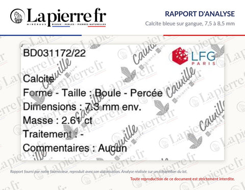 Rapport d'analyse des perles en calcite bleue sur gangue 7,5 à 8,5 mm, La Pierre FR