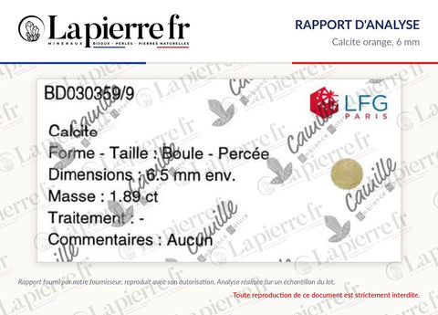 Rapport d'analyse des perles en calcite orange 6 mm, La Pierre FR