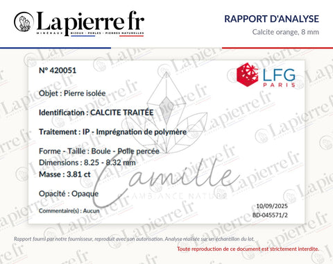 Rapport d'analyse des perles en calcite orange 8 mm, La Pierre FR