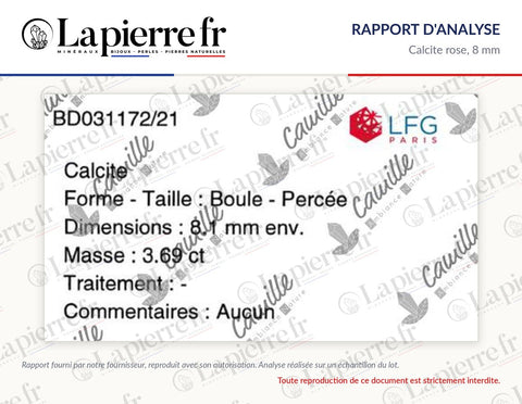 Rapport d'analyse des perles en calcite rose 8 mm, La Pierre FR