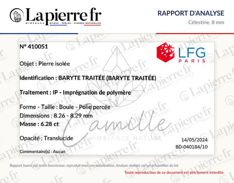Rapport d'analyse des perles en célestine 8 mm, La Pierre FR