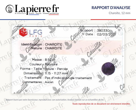 Rapport d'analyse des perles en charoïte 12 mm, La Pierre FR