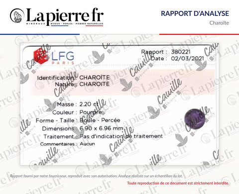 Rapport d'analyse des perles en charoïte, La Pierre FR