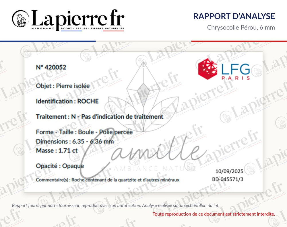 Rapport d'analyse des perles en chrysocolle Pérou 6 mm, La Pierre FR