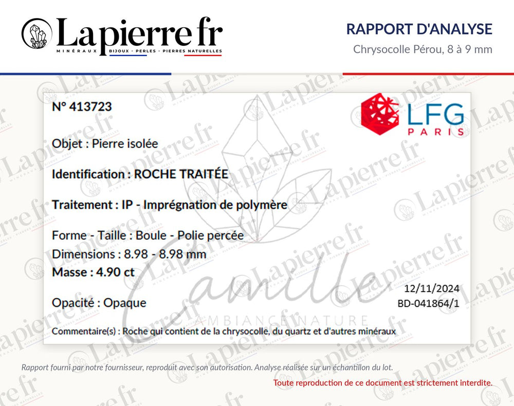 Rapport d'analyse des perles en chrysocolle Pérou 8 à 9 mm, La Pierre FR