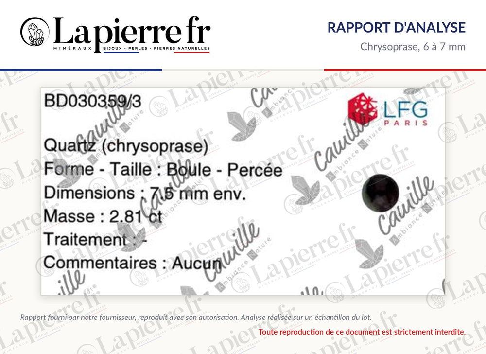 Rapport d'analyse des perles en chrysoprase 6 à 7 mm, La Pierre FR