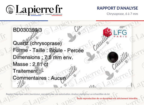 Rapport d'analyse des perles en chrysoprase 6 à 7 mm, La Pierre FR