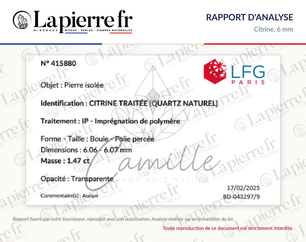 Rapport d'analyse des perles en citrine 6 mm, La Pierre FR