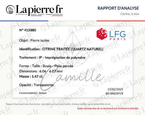 Rapport d'analyse des perles en citrine 6 mm, La Pierre FR