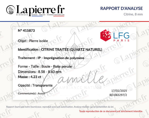 Rapport d'analyse des perles en citrine 8 mm, La Pierre FR