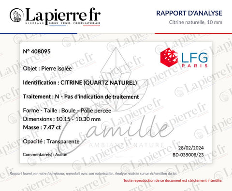 Rapport d'analyse des perles en citrine naturelle 10 mm, La Pierre FR