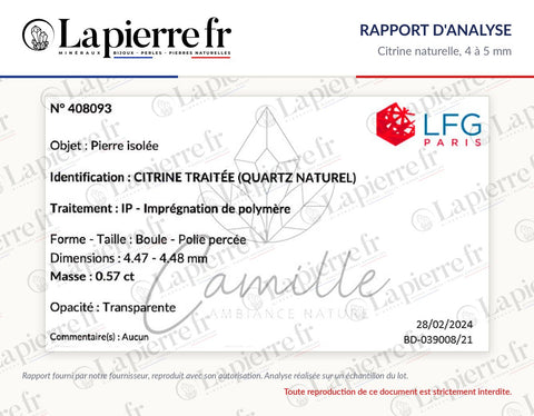 Rapport d'analyse des perles en citrine naturelle 4 à 5 mm, La Pierre FR