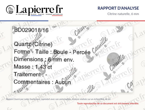 Rapport d'analyse des perles en citrine naturelle 6 mm, La Pierre FR