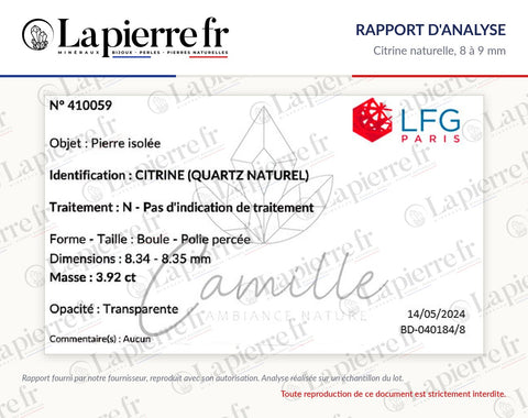 Rapport d'analyse des perles en citrine naturelle 8 à 9 mm, La Pierre FR