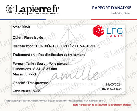 Rapport d'analyse des perles en cordiérite 8 mm, La Pierre FR