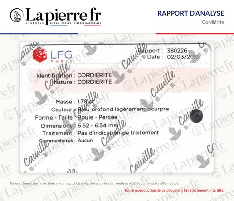 Rapport d'analyse des perles en cordiérite, La Pierre FR
