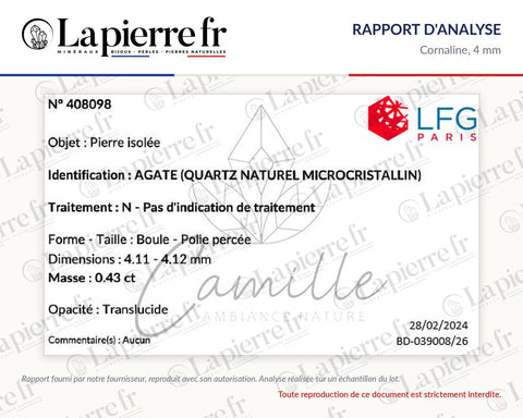 Rapport d'analyse des perles en cornaline 4 mm, La Pierre FR