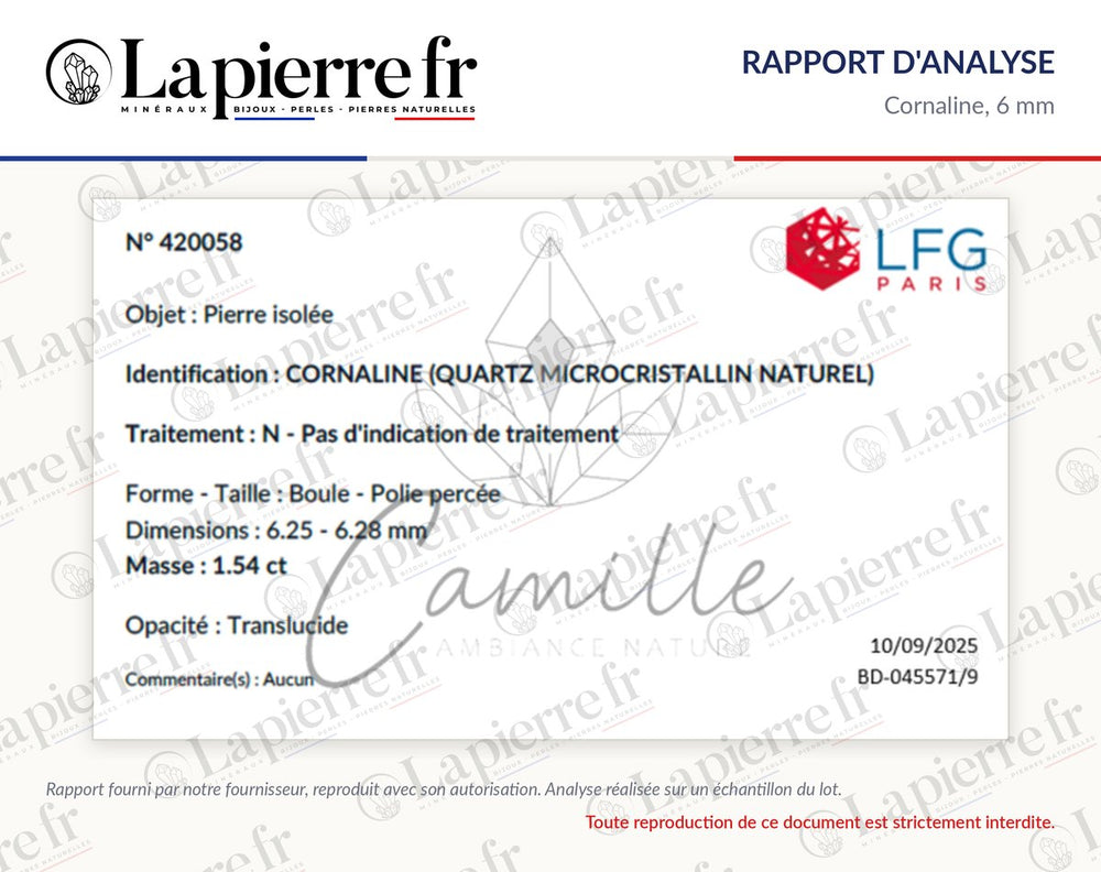 Rapport d'analyse des perles en cornaline 6 mm, La Pierre FR