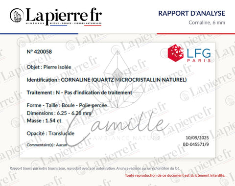 Rapport d'analyse des perles en cornaline 6 mm, La Pierre FR