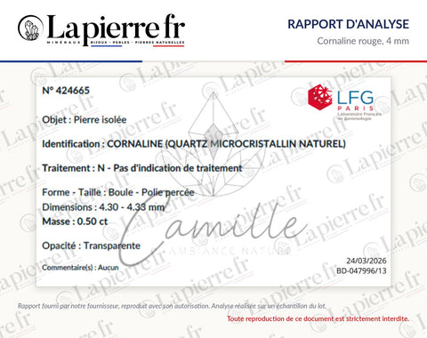 Rapport d'analyse des perles en cornaline rouge 4 mm, La Pierre FR