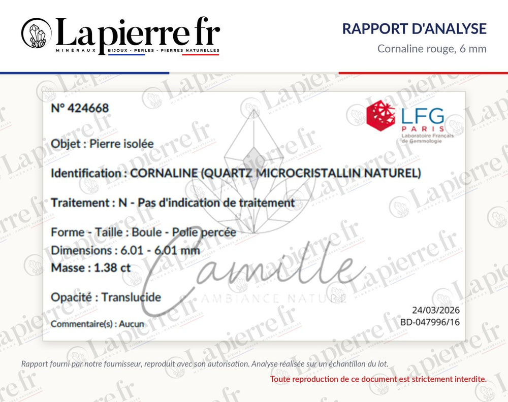Rapport d'analyse des perles en cornaline rouge 6 mm, La Pierre FR