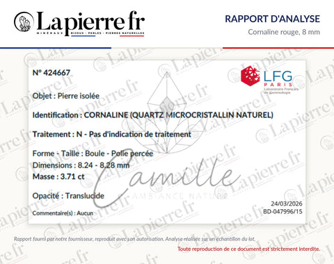 Rapport d'analyse des perles en cornaline rouge 8 mm, La Pierre FR