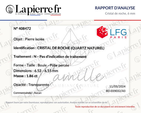 Rapport d'analyse des perles en cristal de roche 6 mm, lot de juin 2024, La Pierre FR