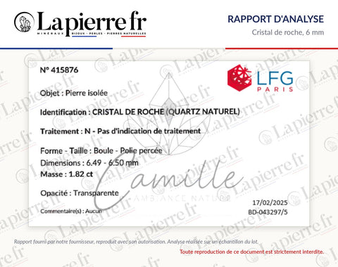 Rapport d'analyse des perles en cristal de roche 6 mm, lot de février 2025, La Pierre FR