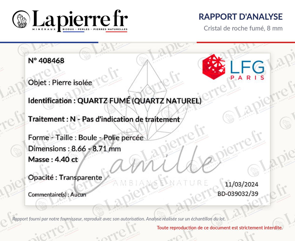 Rapport d'analyse des perles en cristal de roche fumé 8 mm, La Pierre FR