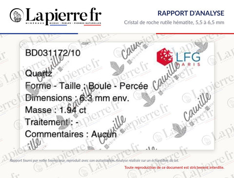 Rapport d'analyse des perles en cristal de roche rutile hématite 5,5 à 6,5 mm, La Pierre FR