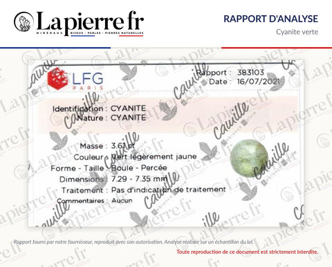 Rapport d'analyse des perles en cyanite verte, La Pierre FR