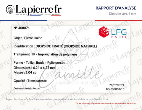 Rapport d'analyse des perles en diopside vert 6 mm, La Pierre FR