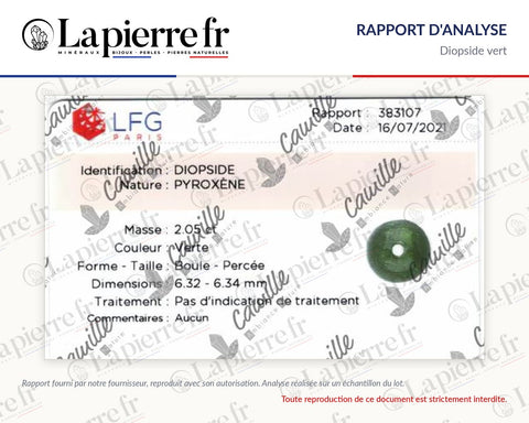 Rapport d'analyse des perles en diopside vert, La Pierre FR