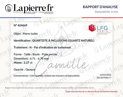Rapport d'analyse des perles en dumortiérite 6 mm, La Pierre FR