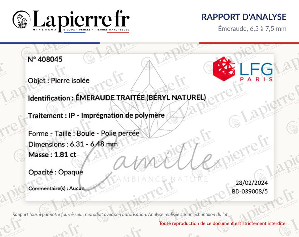 Rapport d'analyse des perles en émeraude 6,5 à 7,5 mm, La Pierre FR
