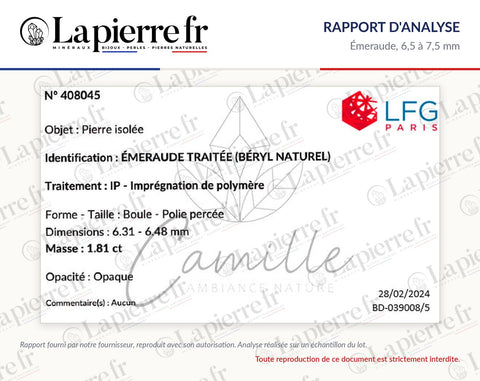 Rapport d'analyse des perles en émeraude 6,5 à 7,5 mm, La Pierre FR