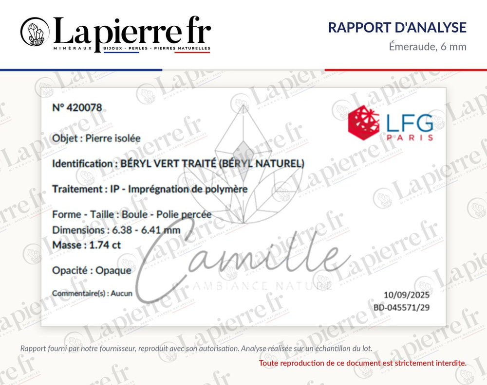 Rapport d'analyse des perles en émeraude 6 mm, La Pierre FR
