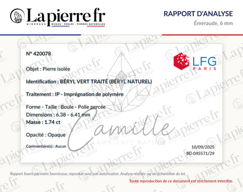 Rapport d'analyse des perles en émeraude 6 mm, La Pierre FR