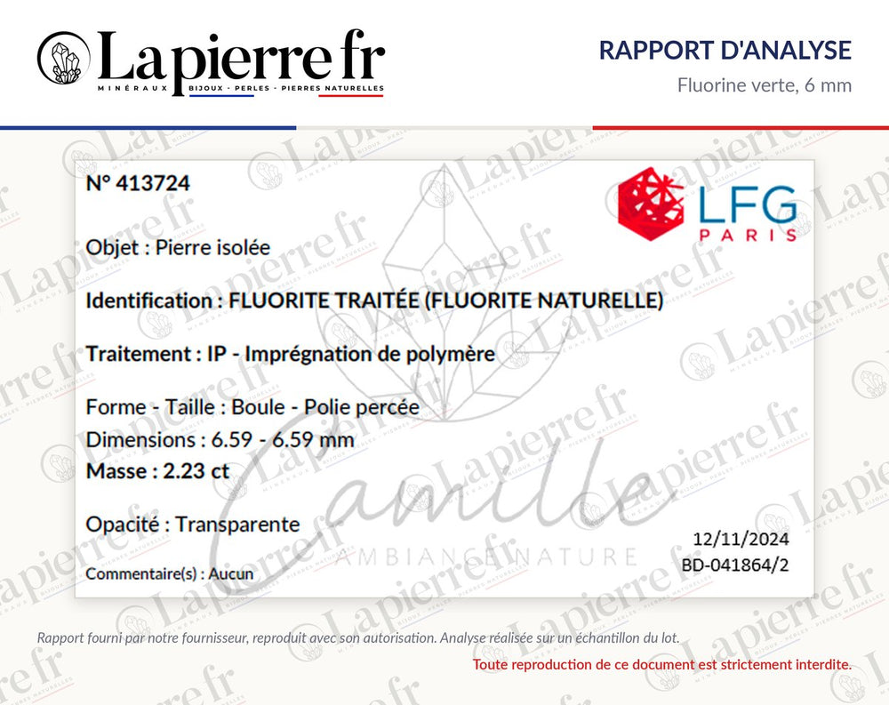 Rapport d'analyse des perles en fluorine verte 6 mm, La Pierre FR
